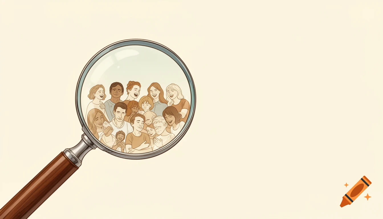 A magnifying glass magnifies a diverse group of smiling illustrated faces on a cream background.