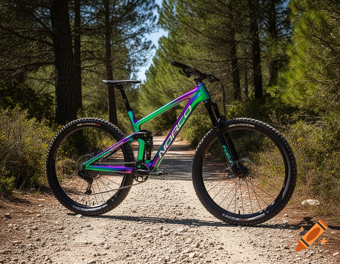A vibrant iridescent mountain bike is parked on a sunlit gravel path in a pine forest.