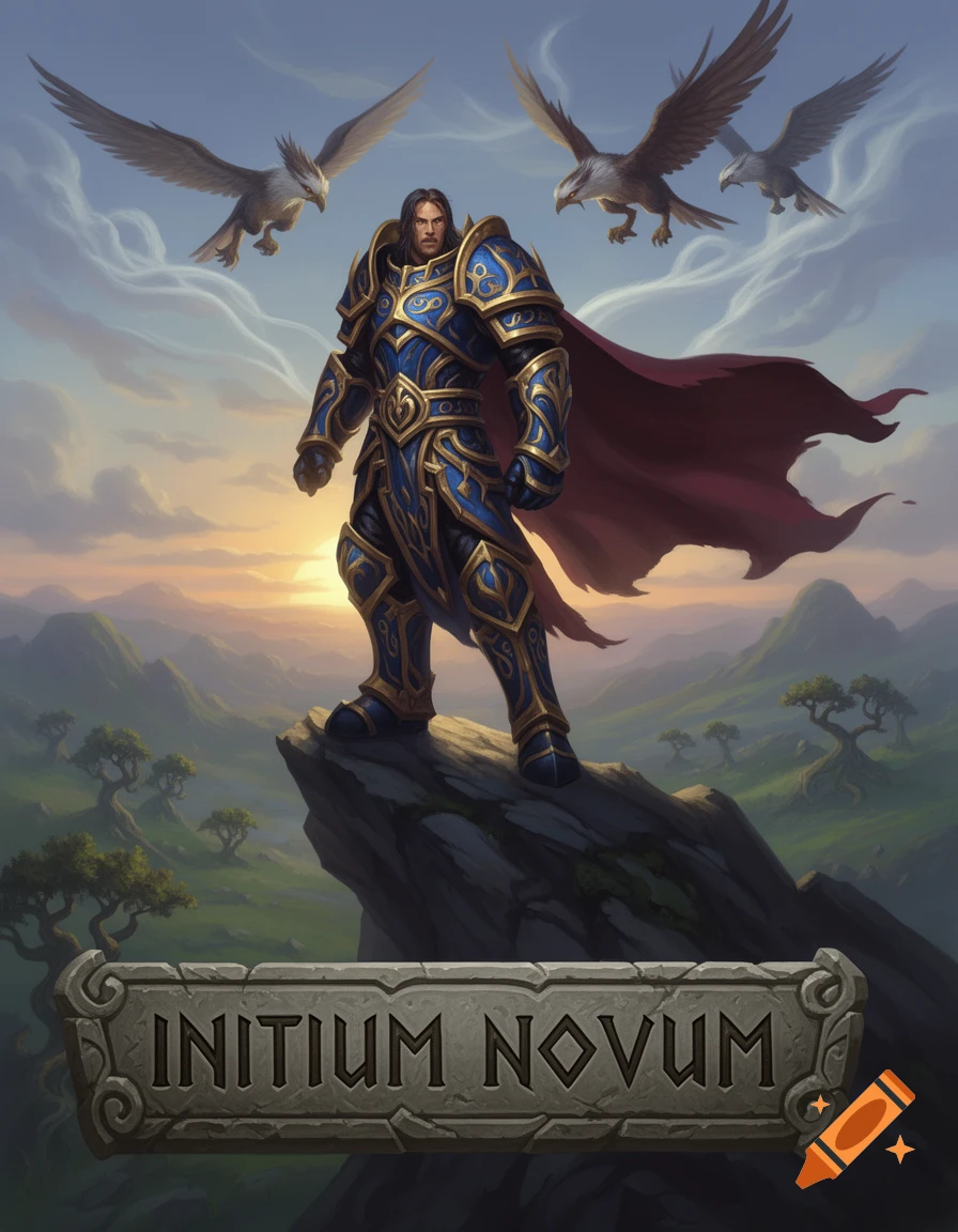 A heroic warrior in blue and gold armor stands on a rocky peak under a sunset sky, with three eagles flying above. A banner reads 'INITIUM NOVUM'.