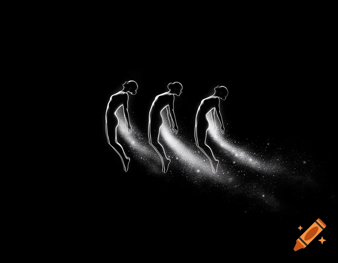 Three white outlined female figures float backwards on a black background, leaving trails of white particles.
