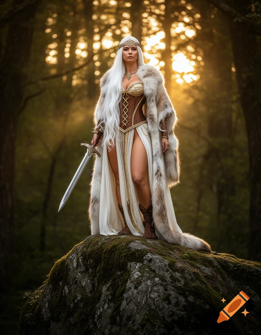 Photorealistic image of a white-haired fantasy warrior goddess with a fur cloak and sword, standing on a mossy rock in a sunlit forest.