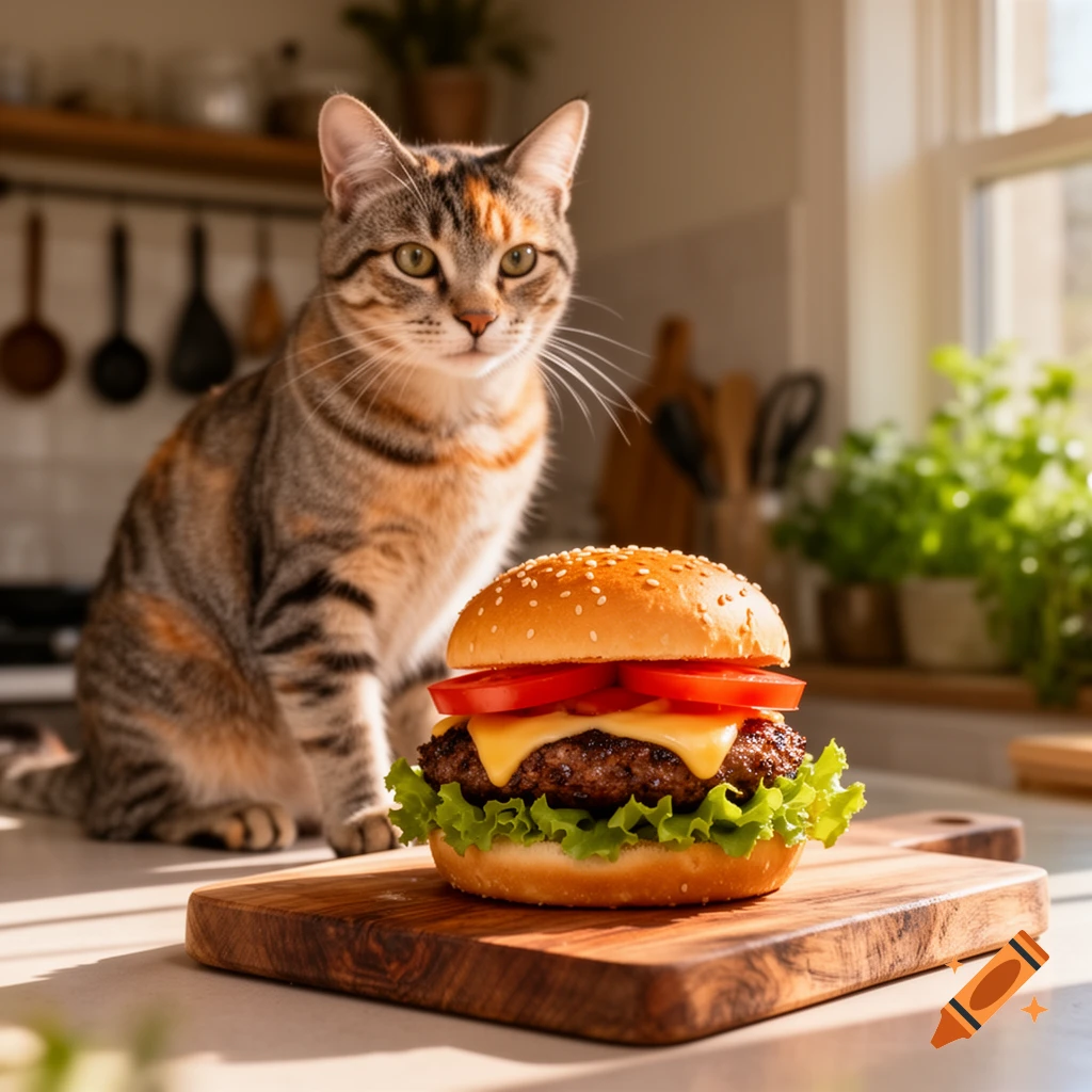 A photorealistic image of a tabby cat sitting on a kitchen counter, looking intently at a gourmet burger on a wooden cutting board.