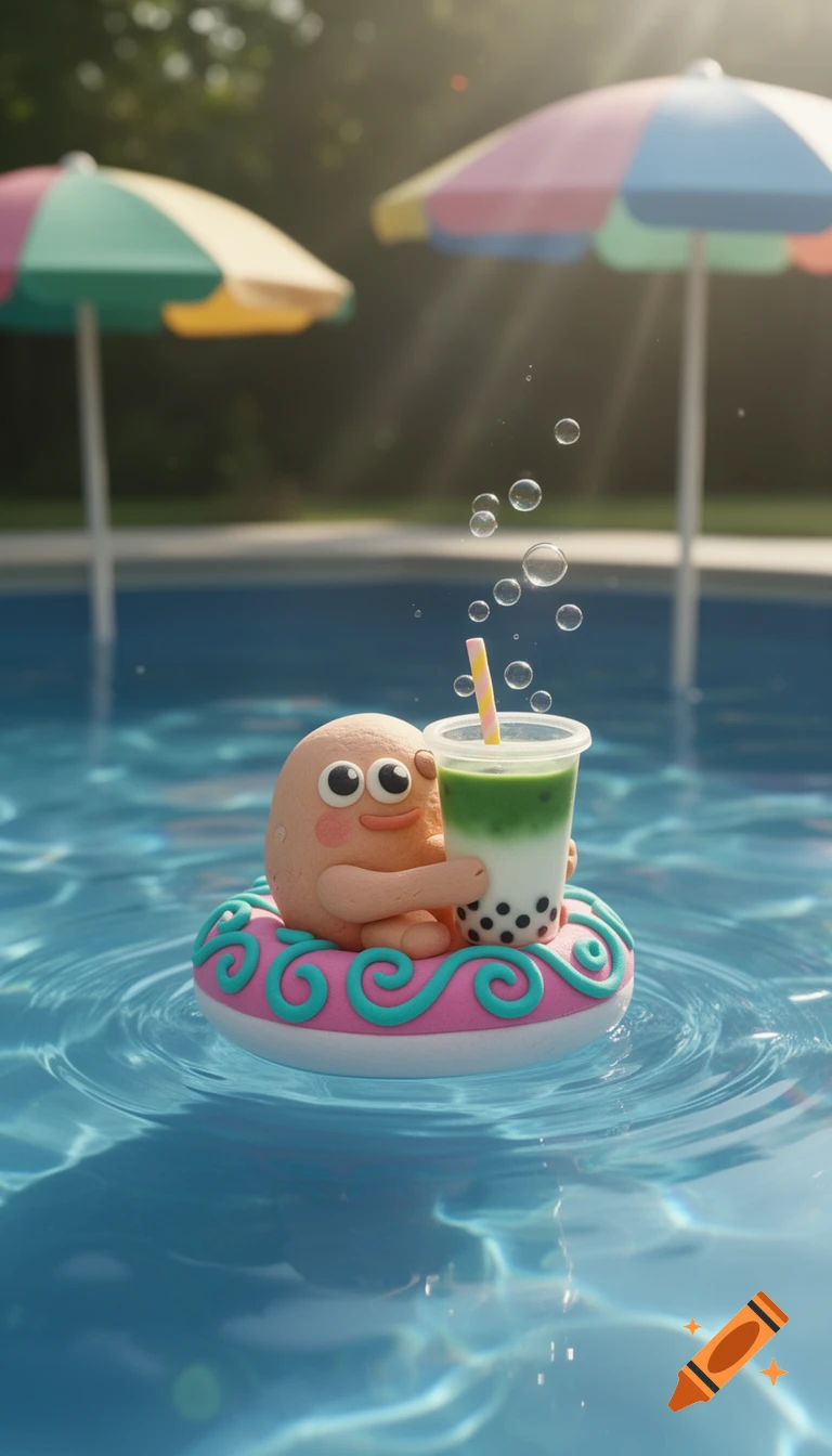 A cute clay figure floats on a pink donut ring in a swimming pool, holding a bubble tea. Colorful umbrellas are in the sunny background.