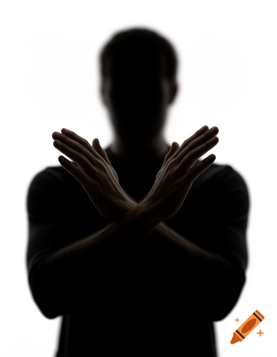 Dark silhouette of a person with hands crossed in an 'X' gesture on a white background, signaling 'no' or 'stop'.