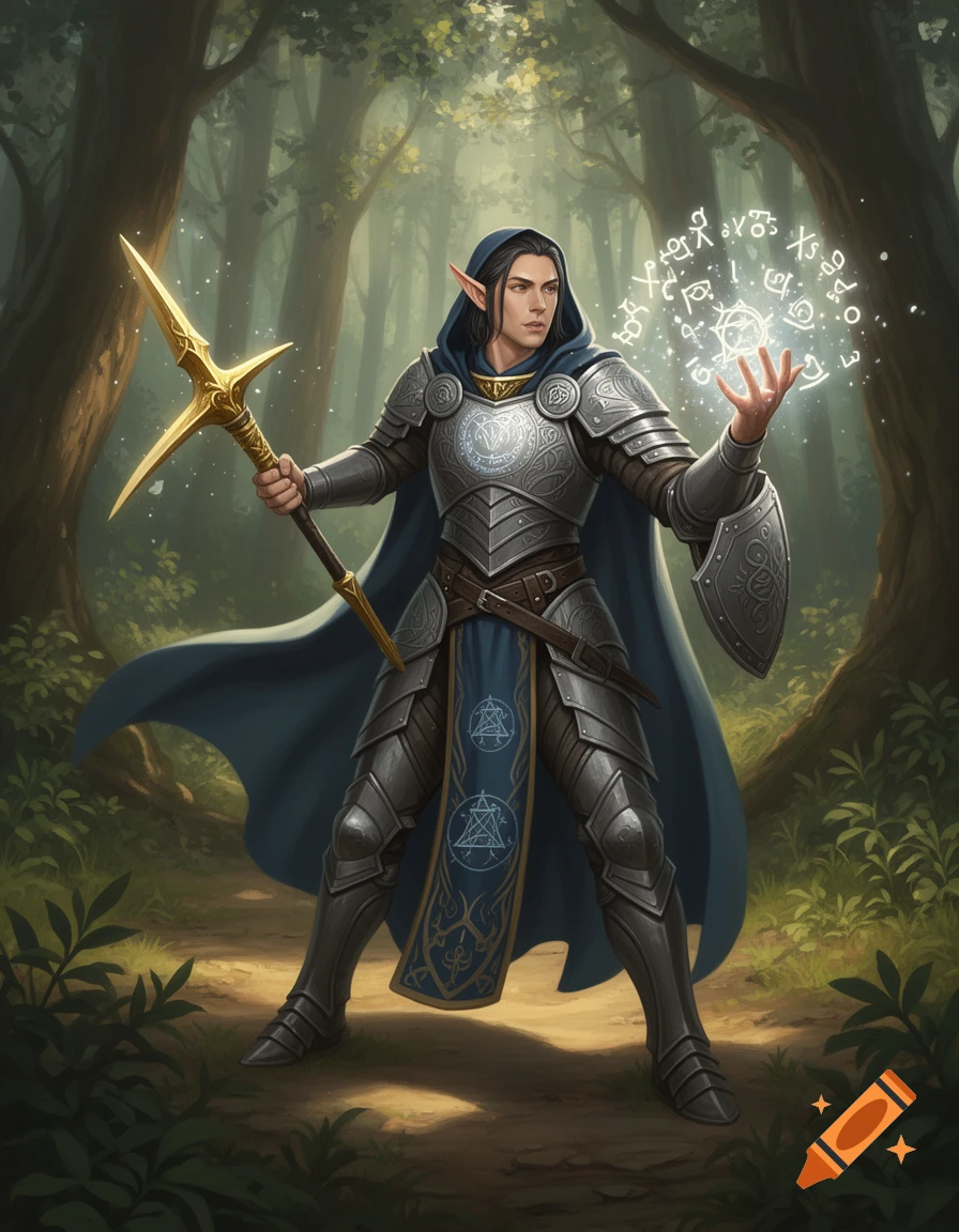 A male high elf in heavy, ornate armor and a blue hooded cloak stands in a forest, holding a golden warpick and casting a spell with glowing runes.