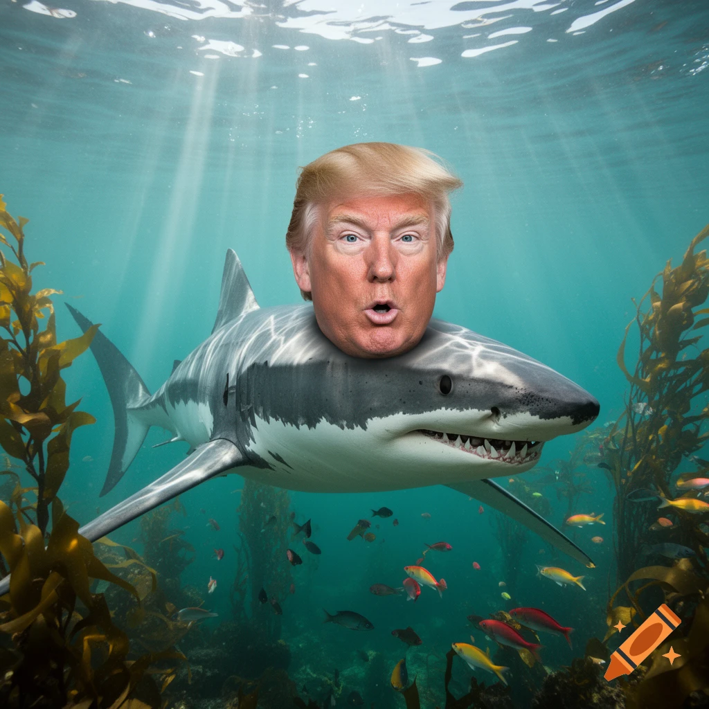 Photorealistic image of Donald Trump's head on a great white shark's body swimming underwater with kelp and fish.