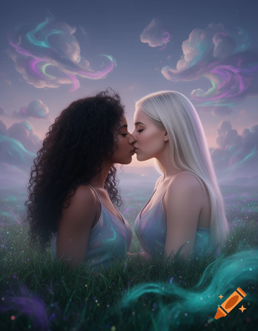 Two women, one with dark curly hair and one with straight blonde hair, about to kiss in a surreal field under a sky with colorful, glowing clouds. Photorealistic.