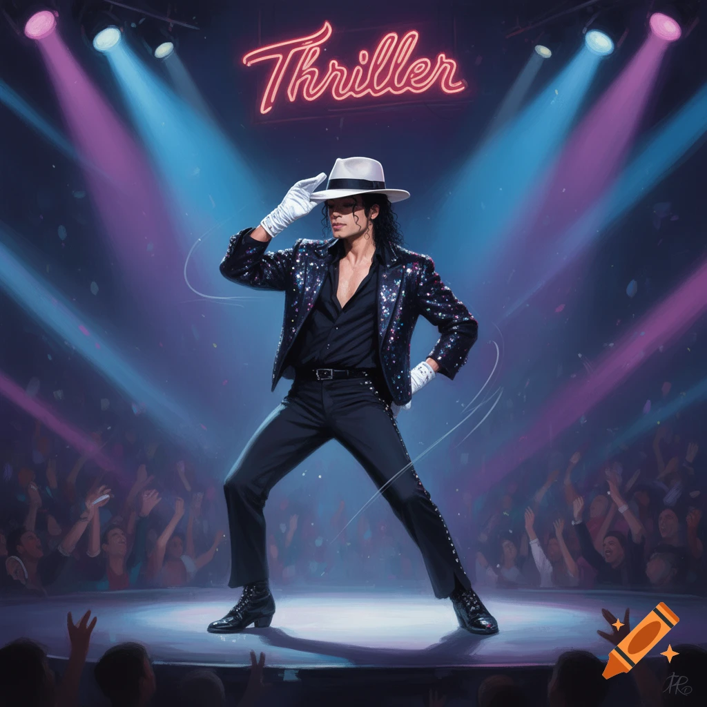 Michael Jackson on stage, wearing a sequined jacket, white fedora, and gloves, posing under blue and purple spotlights with a neon 'Thriller' sign and a cheering crowd.