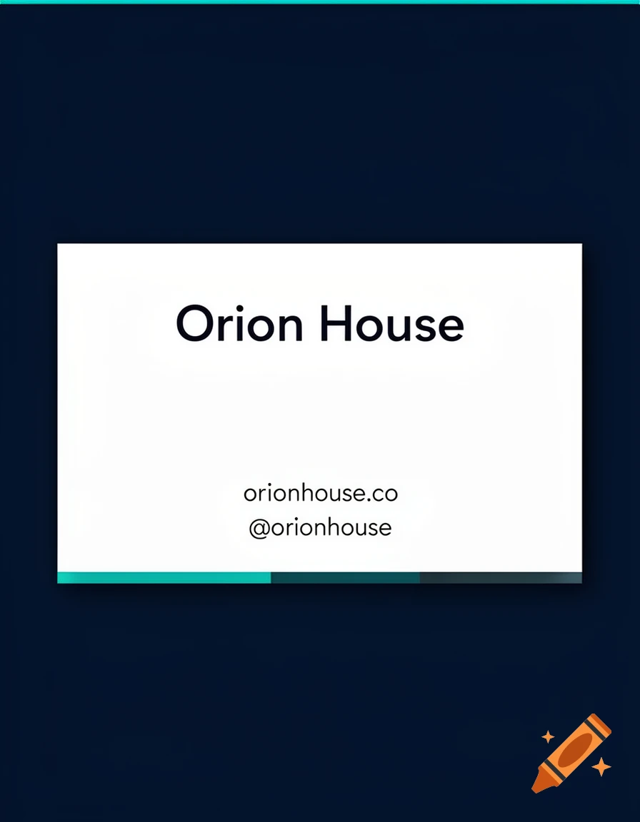 A business card with 'Orion House', 'orionhouse.co', and '@orionhouse' on a white background with teal and dark accents.
