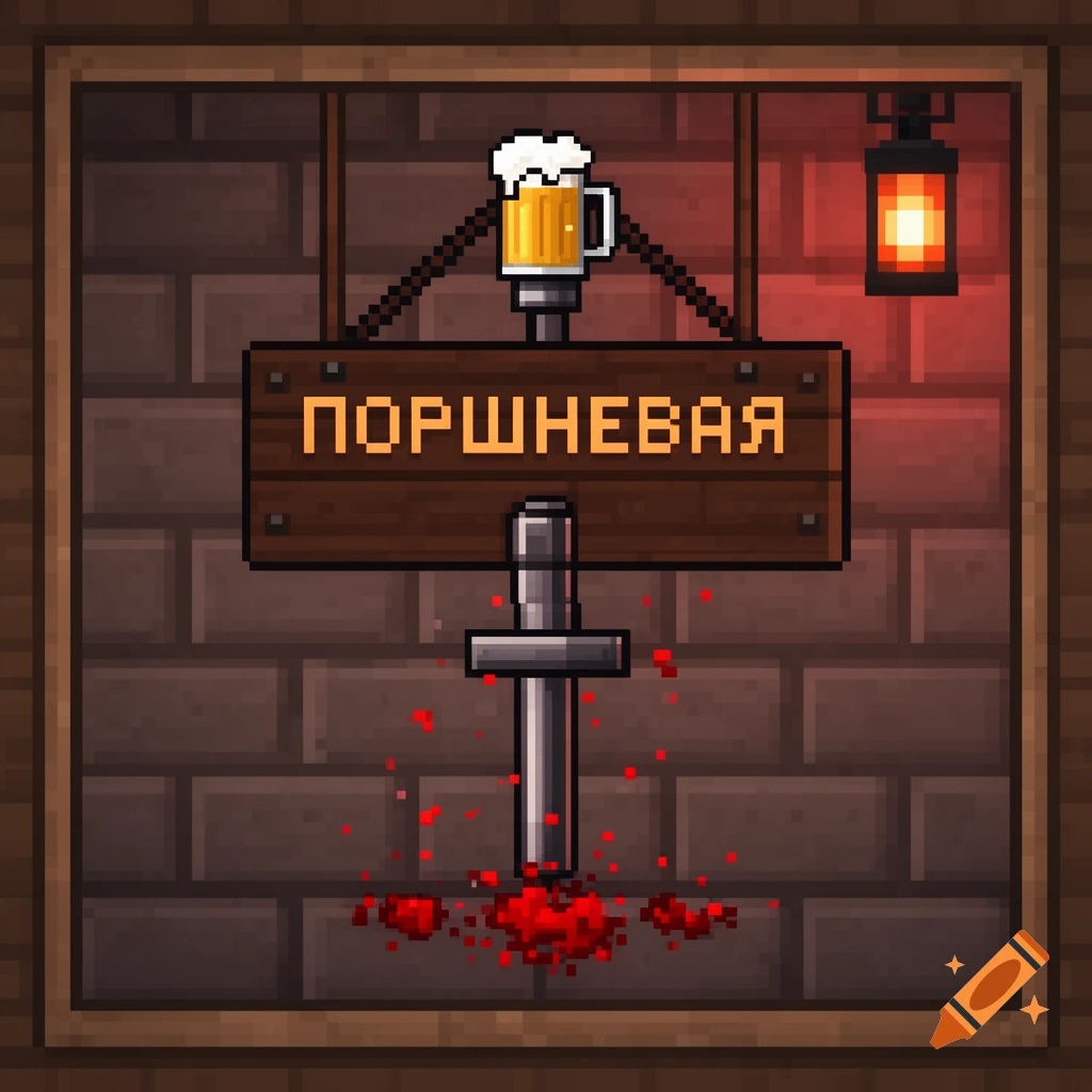 Pixel art Minecraft-style bar sign with Russian text, a beer mug, and a piston over red particles, on a brick wall with a lantern.