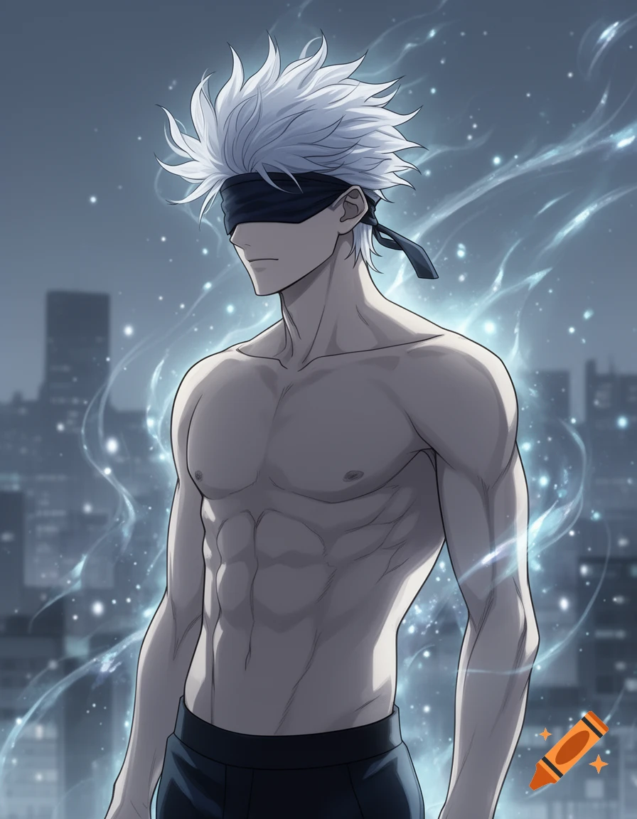 A shirtless anime character with spiky white hair and a black blindfold over his eyes, surrounded by glowing blue energy, against a city skyline.