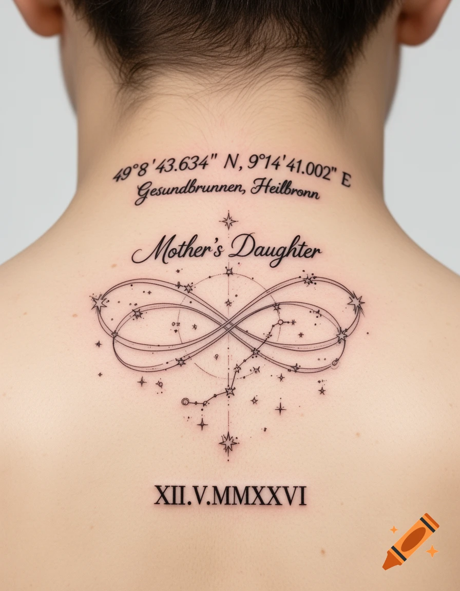 Close-up of a fine line tattoo on the back of a person's neck and upper back, featuring coordinates, "Mother's Daughter" text, an infinity symbol intertwined with constellations and stars, and Roman numerals for a date.