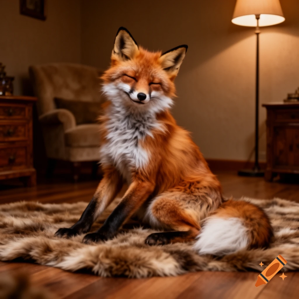 A cute red fox with white and black markings sits smiling with closed eyes on a fluffy brown rug in a cozy, dimly lit room.