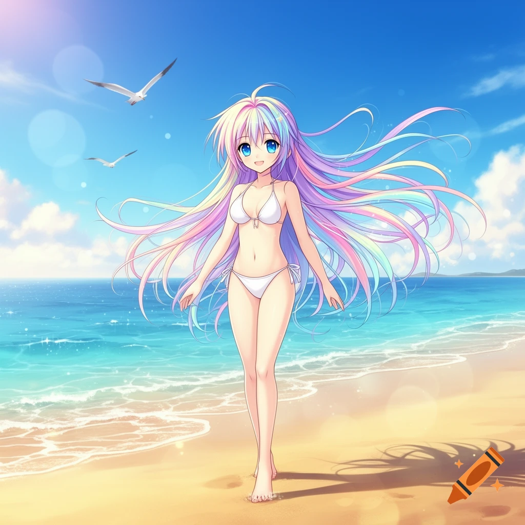 An anime girl with long rainbow hair in a white bikini walks along a sunny beach with the ocean and gulls.
