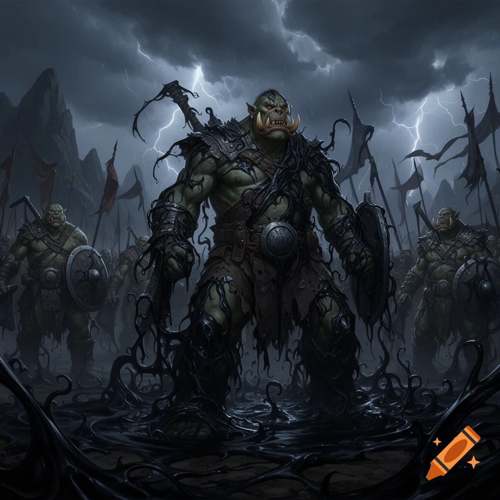 Dark fantasy art of a menacing orc army covered in black ooze under a stormy, lightning-filled sky.