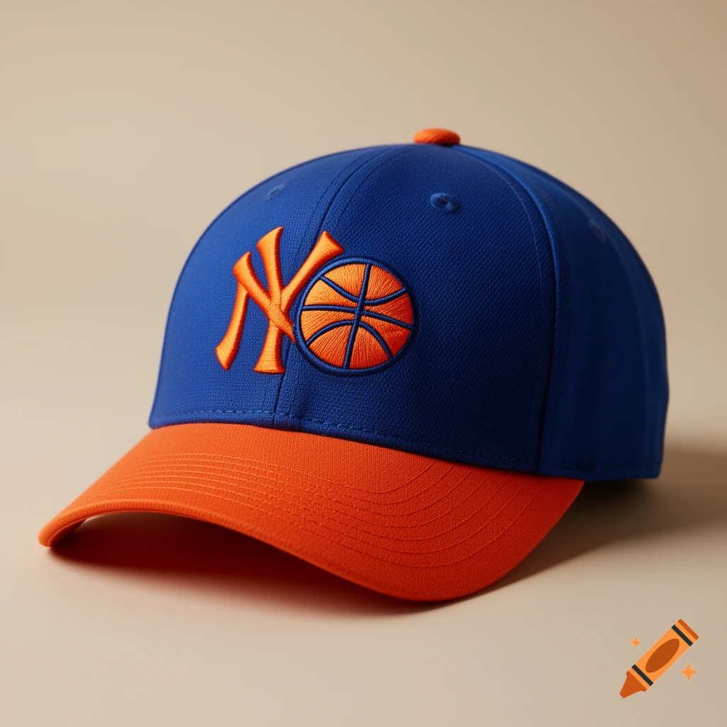 A realistic blue baseball hat with an orange bill, featuring an orange 'NY' logo and a basketball emblem.