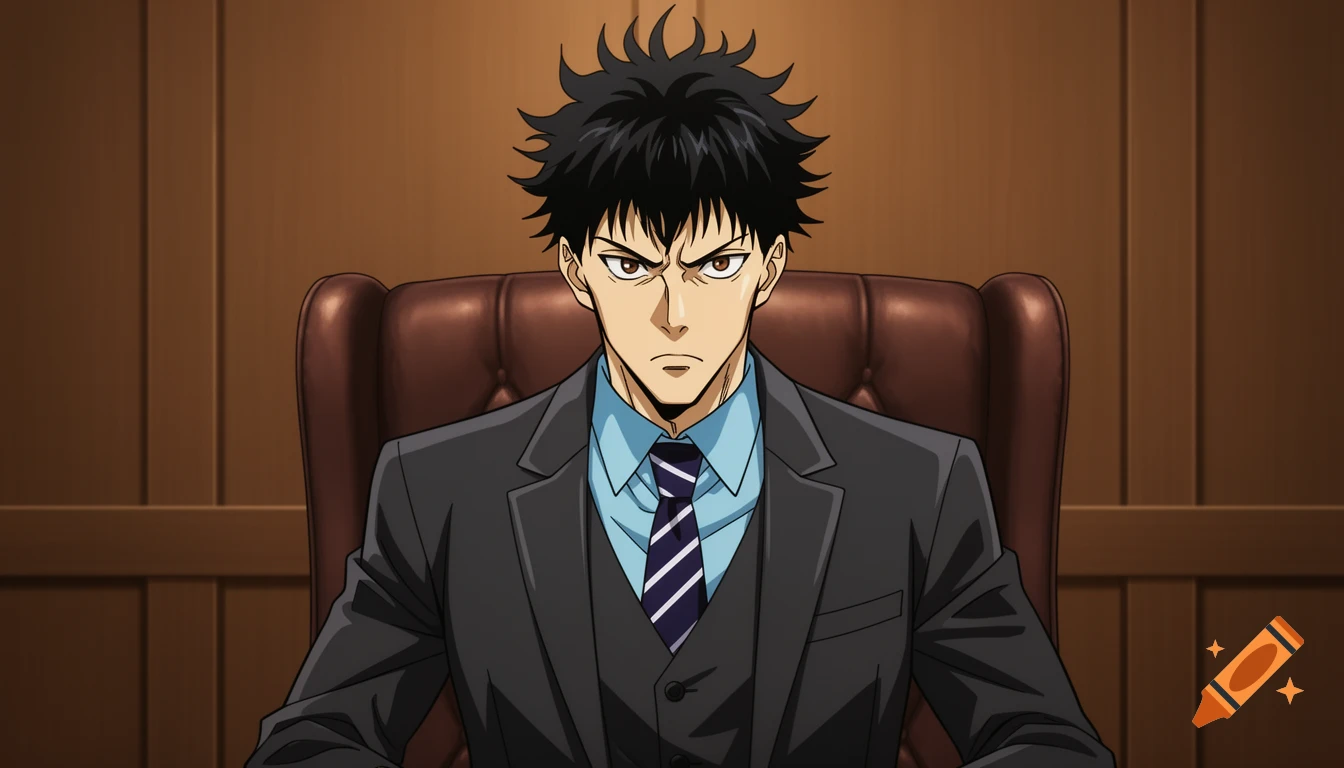 Anime man with spiky black hair and a stern expression in a suit, seated in a leather chair against a wooden background.