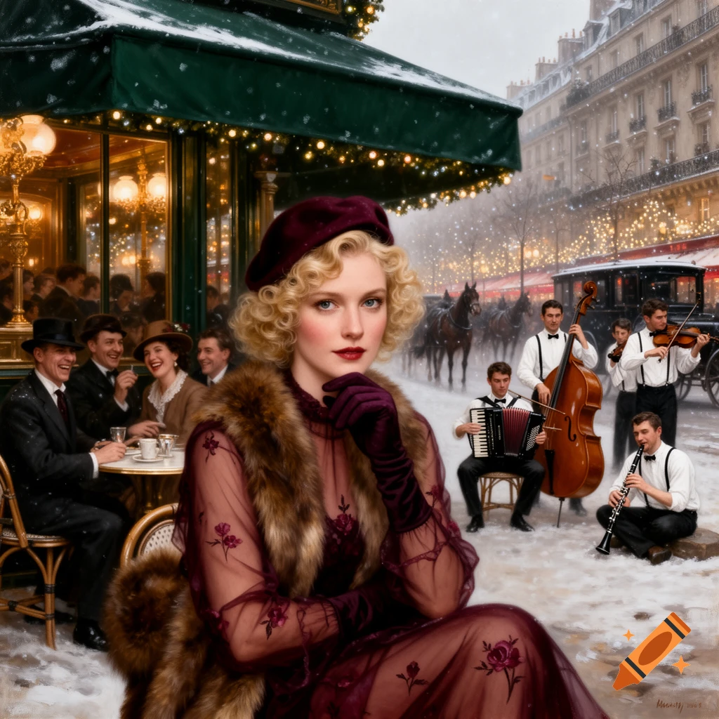 Blonde woman in burgundy beret and fur stole posing in a snowy Paris cafe scene with street musicians, photorealistic oil painting style.