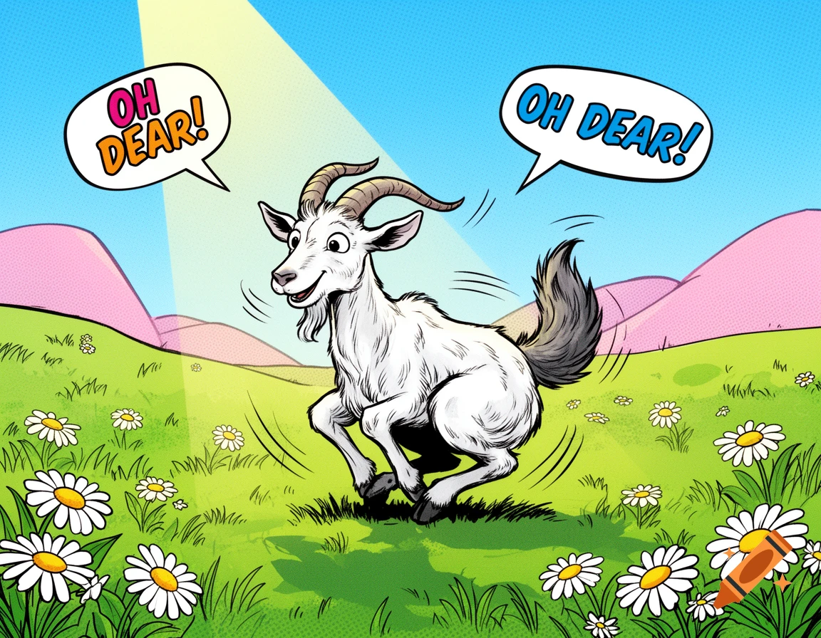 A cartoon goat with horns and a furry tail runs through a daisy-filled grassy field under a sunny sky, with speech bubbles saying "OH DEAR!"