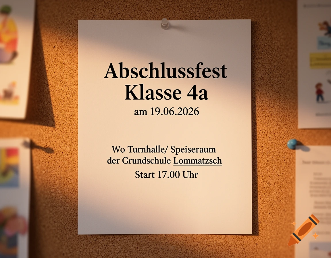A white poster for a school event, 'Abschlussfest Klasse 4a', pinned on a cork board, illuminated by sunlight.