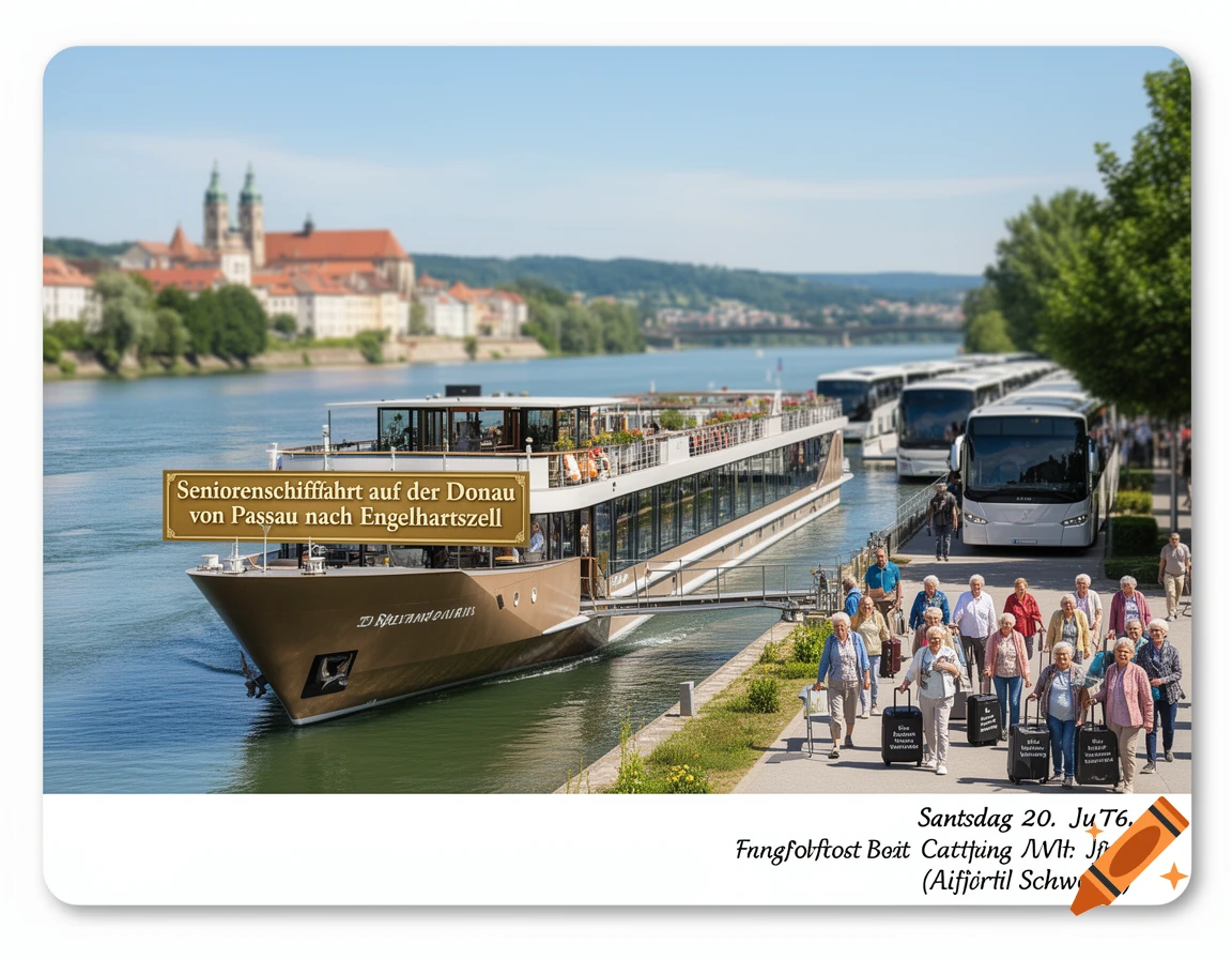 A river cruise boat on the Danube, with a banner reading "Seniorenschiffahrt auf der Donau von Passau nach Engelhartszell". Elderly passengers walk along the riverbank next to a line of buses, with a distant city visible.