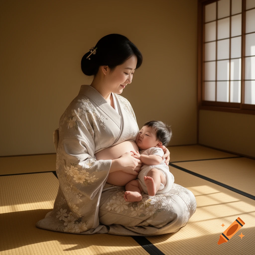 A serene Japanese woman in a kimono sits on tatami mats, holding a sleeping baby to her exposed belly in a sunlit room.