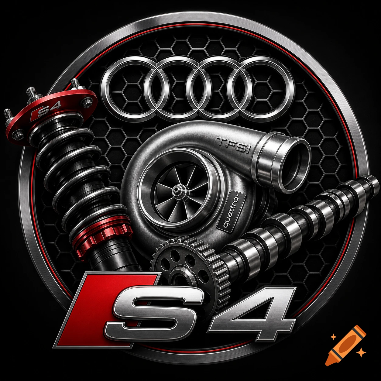 A metallic Audi S4 logo, turbocharger, coilover, and camshaft arranged on a dark honeycomb background with Audi rings.