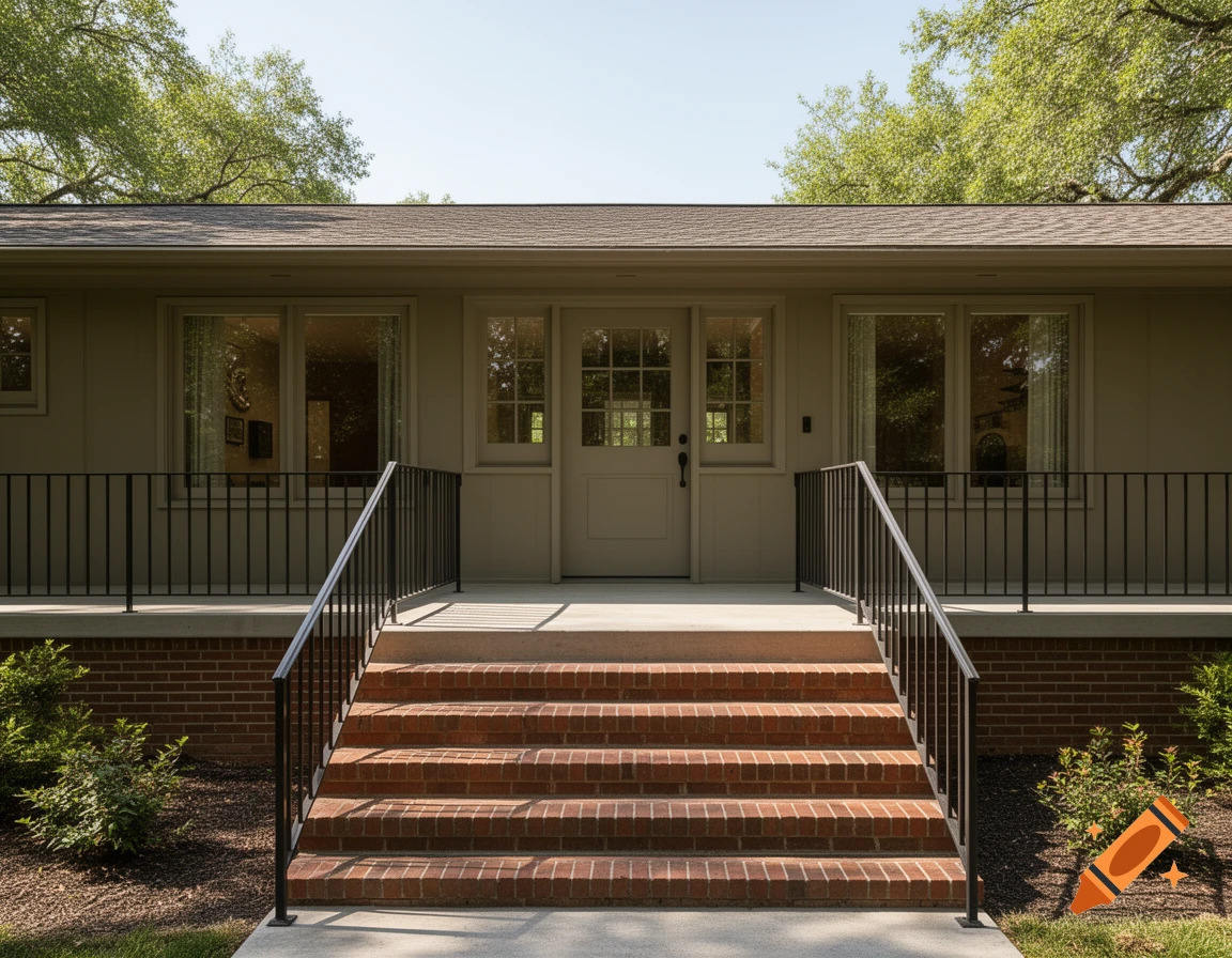 A long elevated ranch house with a concrete stoop, five brick stairs, and black iron railings leading to a light-colored double door, flanked by windows.