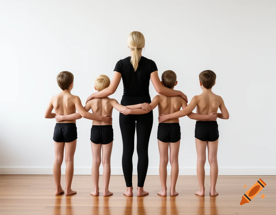 A woman and four young boys stand with their backs to the camera, arms around each other's shoulders, in a sparse room.