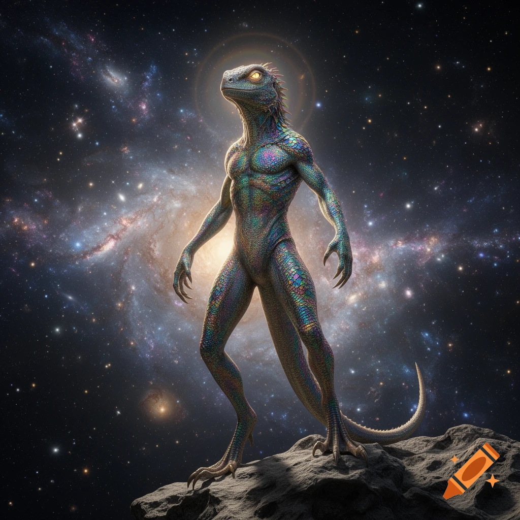 A muscular reptilian humanoid with iridescent scales and glowing eyes stands on a rock, looking up at a starry galaxy.