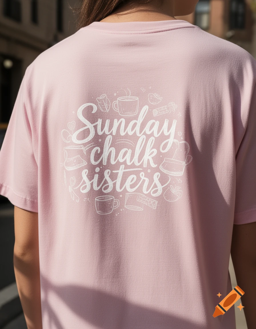 Back of a person wearing a light pink t-shirt with 'Sunday chalk sisters' text and chalk-like illustrations on the back.