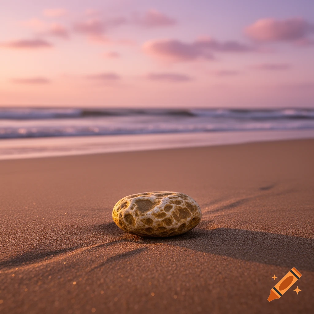 A textured, pockmarked stone rests on wet sand at a beach during a pink and purple sunset, with the ocean in the background.