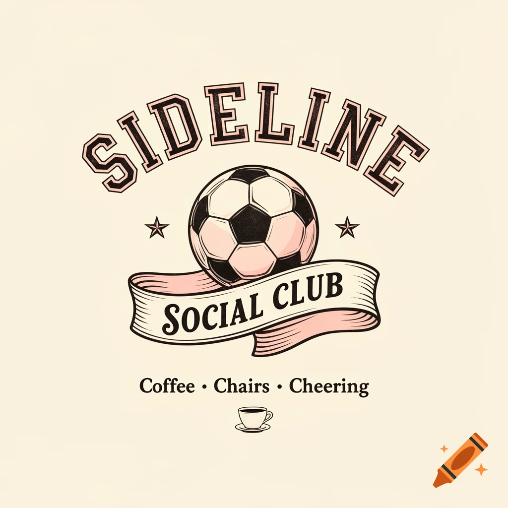 Vintage logo for Sideline Social Club with a soccer ball, banner, stars, and text Coffee Chairs Cheering on a cream background.