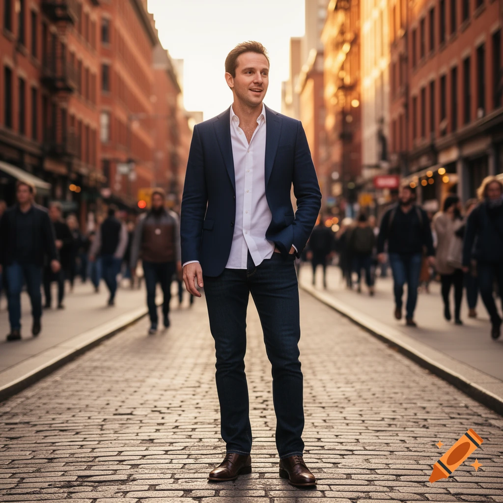 A man in a navy blazer and jeans stands on a cobblestone city street, bathed in warm sunset light, with blurred people and brick buildings in the background.