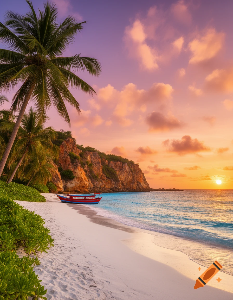 A photorealistic image of a vibrant sunset over a tropical beach with a red boat, white sand, and palm trees.