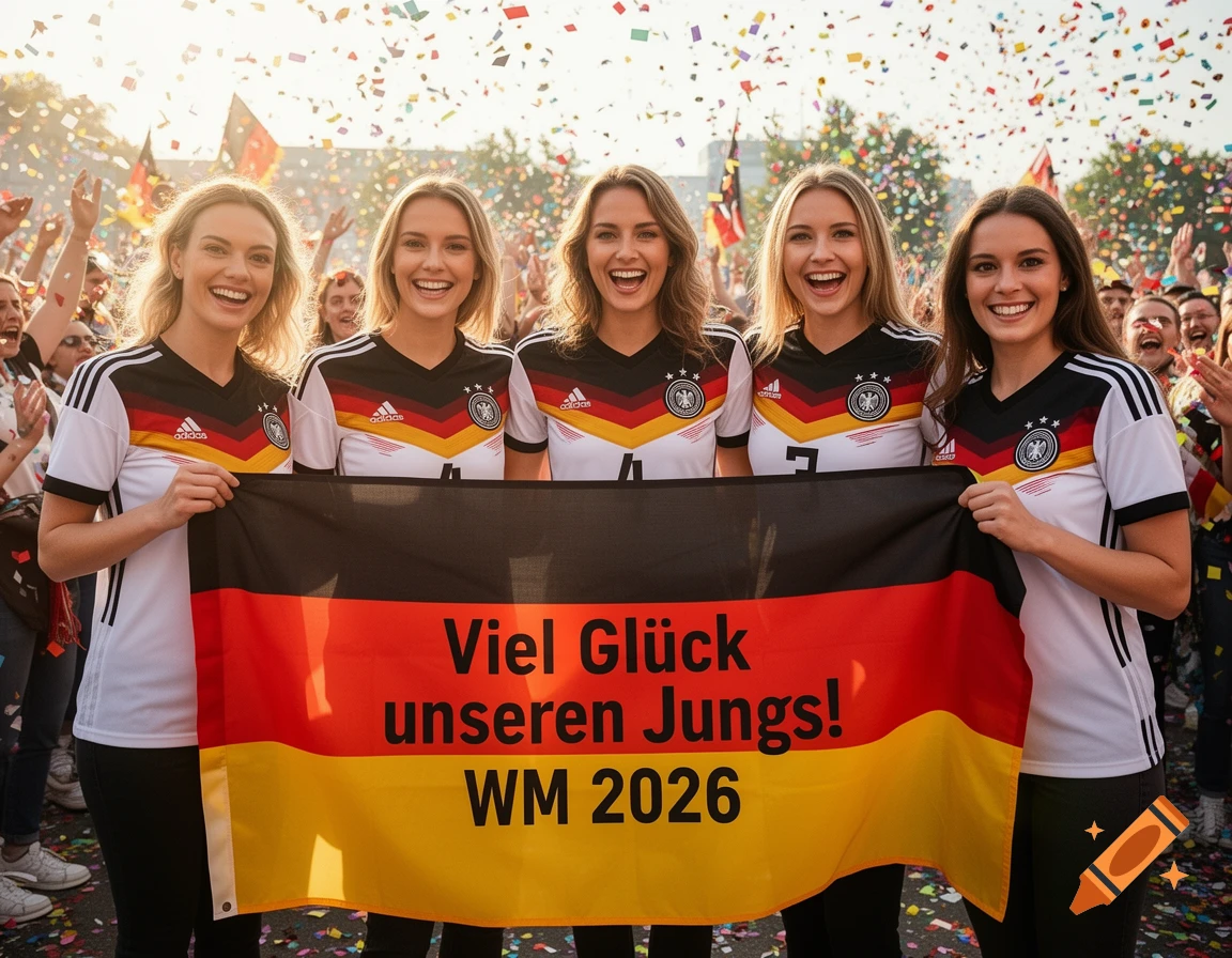 Five smiling women in German football jerseys hold a German flag saying 'Good luck our boys! WM 2026' amidst confetti and a cheering crowd.