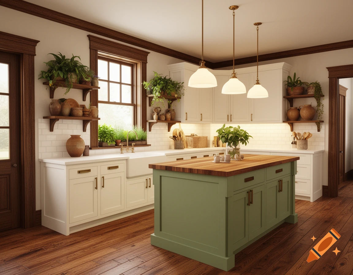 Photorealistic farmhouse kitchen with white shaker cabinets, sage green island, wood trim, plants, and pendant lights.