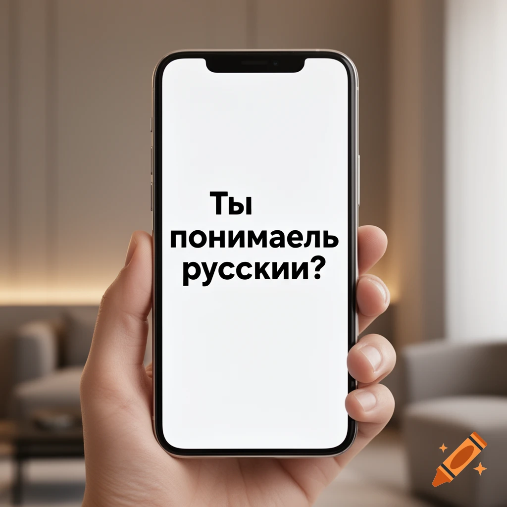 A hand holds a smartphone displaying the Russian text 'Ты понимаешь русский?' on its screen, against a blurred indoor background.