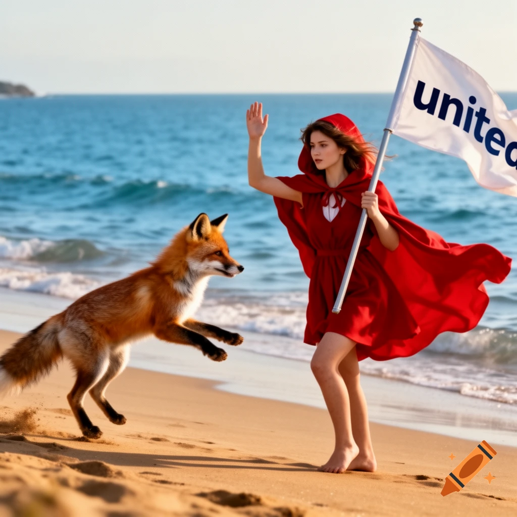 A woman in a red cloak holding a 'united' flag raises a hand towards a pouncing fox on a sandy beach by the ocean.