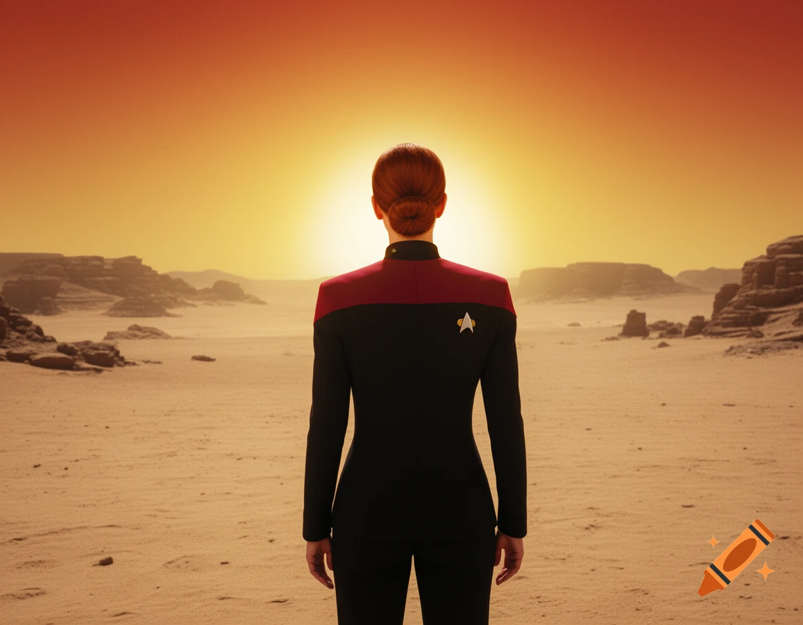 A woman with red hair in a Starfleet uniform stands with her back to the viewer, looking at a bright orange sun setting over a vast desert planet with distant mesas.