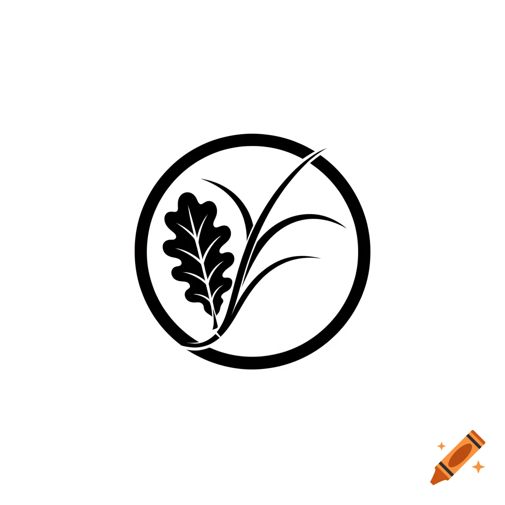 Minimalist black and white round logo with an oak leaf on the left and curved reed stalks on the right.