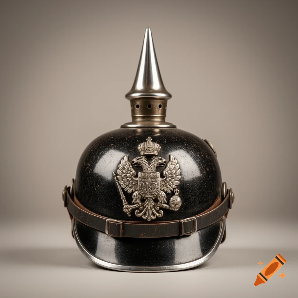 A black German Pickelhaube spiked helmet with a silver double-headed eagle emblem on a light background.