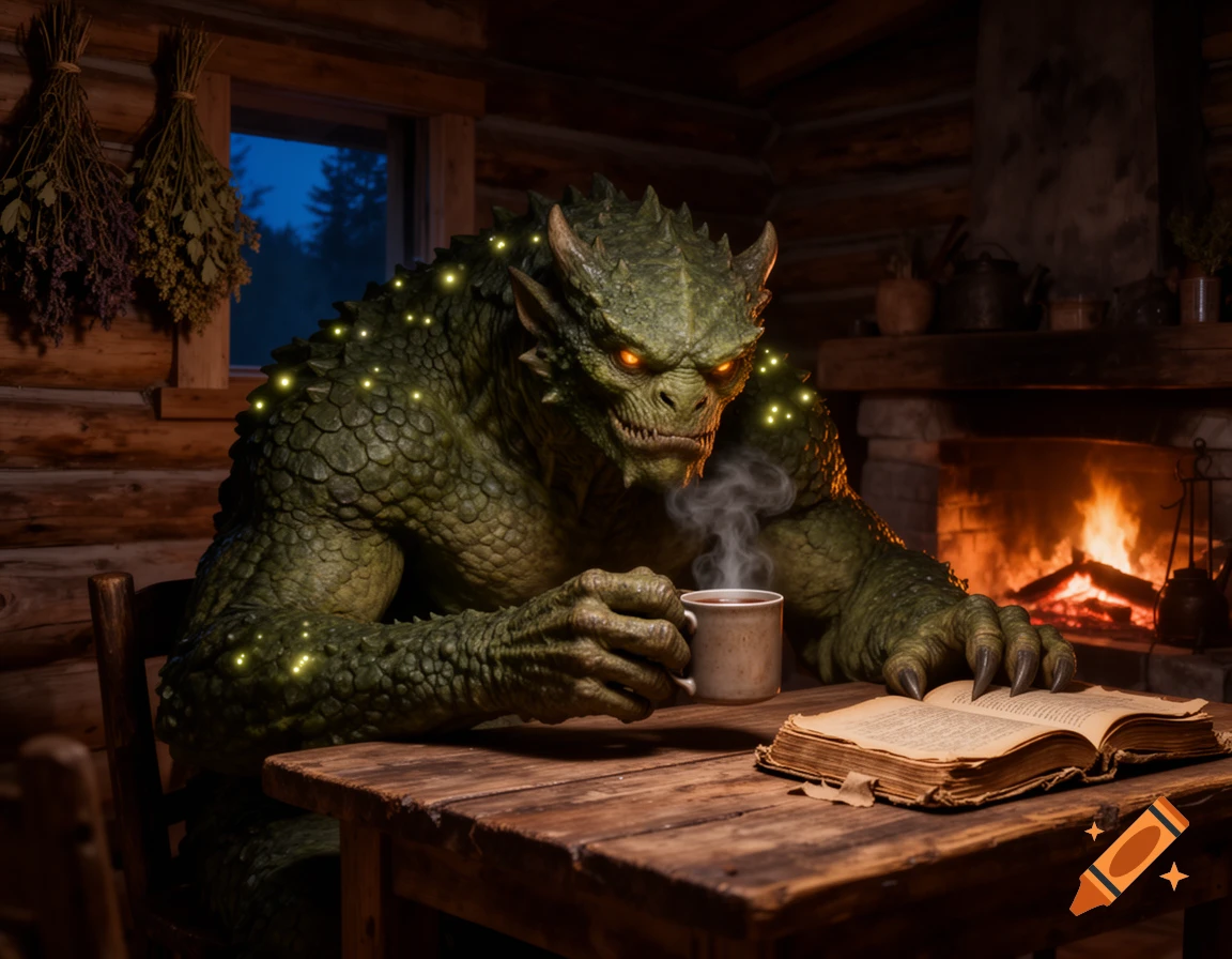 A green scaly monster with glowing eyes sits at a wooden table, holding a steaming mug next to an open book by a fireplace.