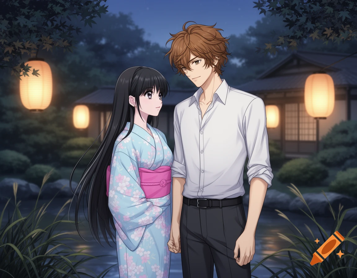 An anime couple, a woman in a light blue yukata and a man in a white shirt, stands in a Japanese garden at night with lanterns.