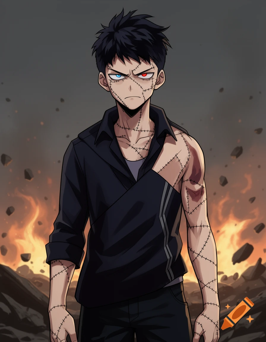 Anime character with dark hair, heterochromia eyes, and stitches on his skin, wearing a dark shirt, standing before fire and debris.