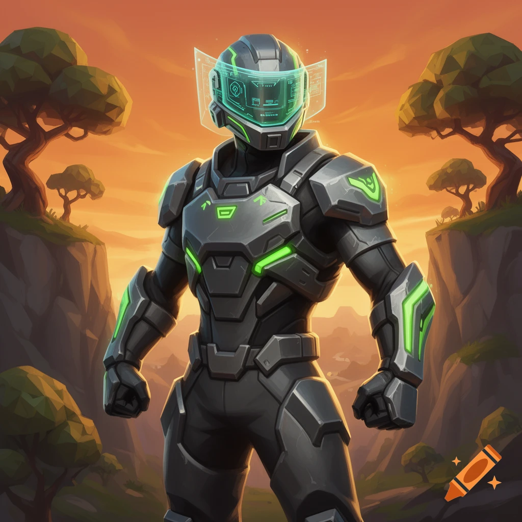 A character in a gray and green futuristic suit with a glowing visor stands in a stylized landscape under an orange sky.