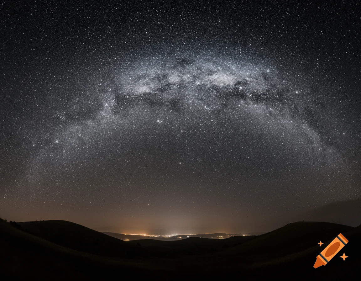 A wide shot of the Milky Way arching across a dark night sky over silhouetted hills and a distant city glow.
