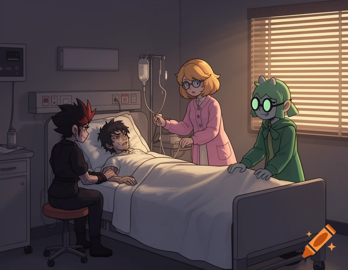 An anime-style image of a patient in a hospital bed, with three other characters standing around. One character holds the patient's hand while another adjusts an IV drip. Soft light enters from a window.