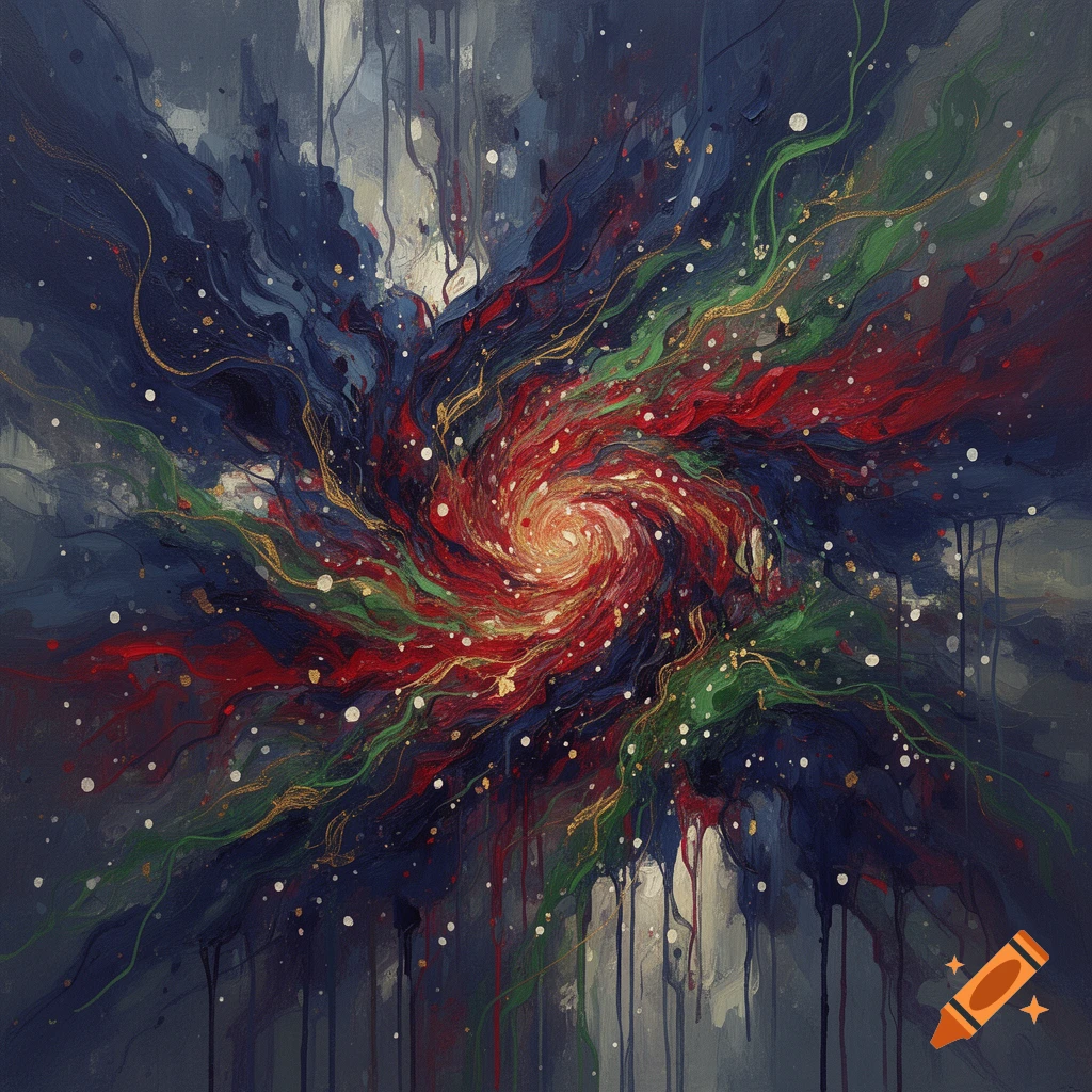 Vibrant abstract painting with a swirling red, green, and blue vortex at the center, surrounded by speckles and dripping paint.