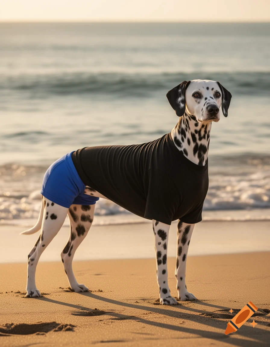 A photorealistic Dalmatian dog wearing a black t-shirt and blue shorts stands on a sandy beach with the ocean in the background.